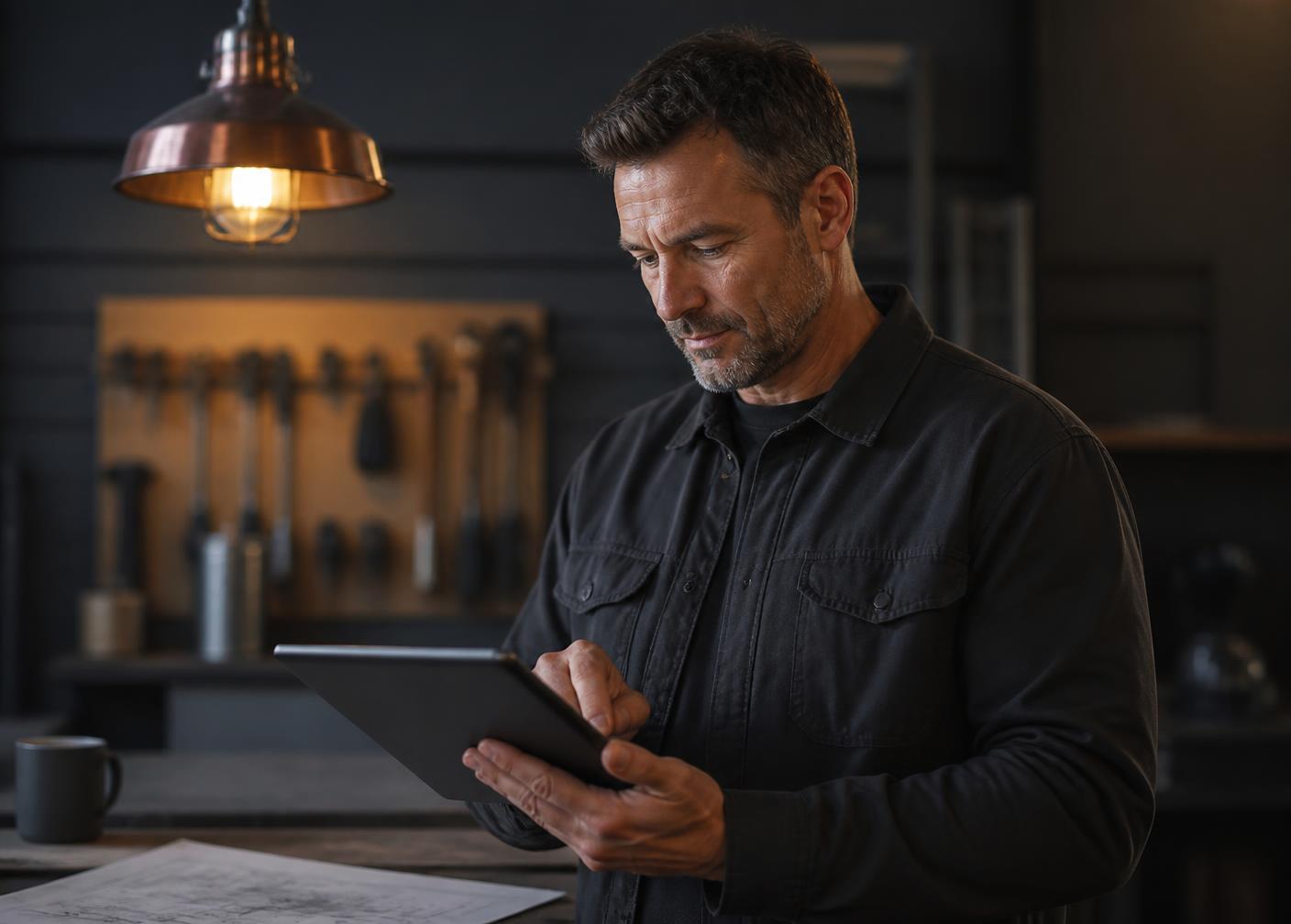 Builder reviewing plans on a tablet in a workshop